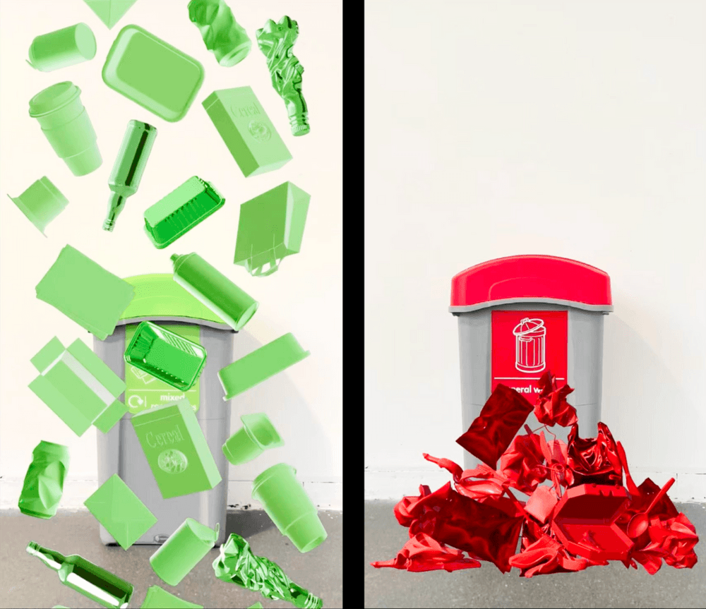 Images showing AR effect of rubbish falling in front of waste bins