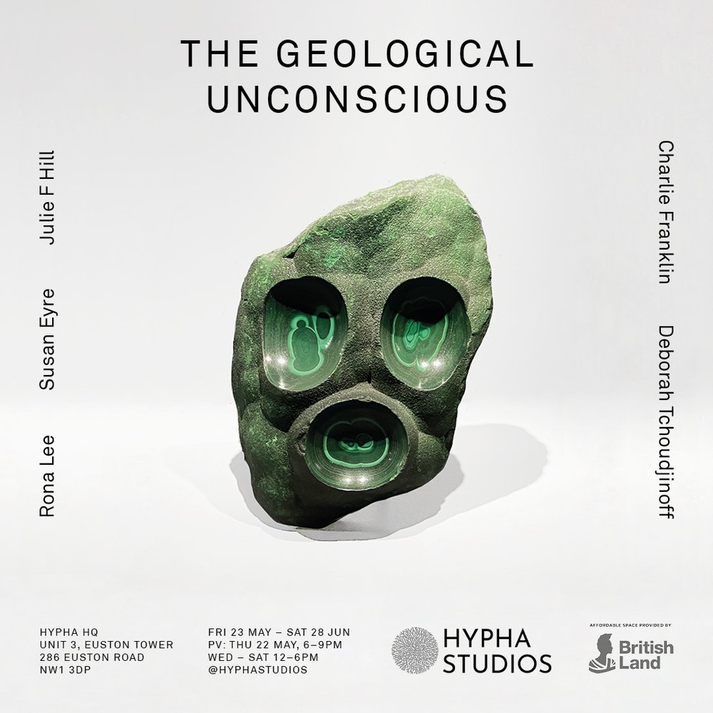 Promotional poster for the exhibition depicting a green matt stone with 3 curved hollows, suggestive of eyes and a mouth.