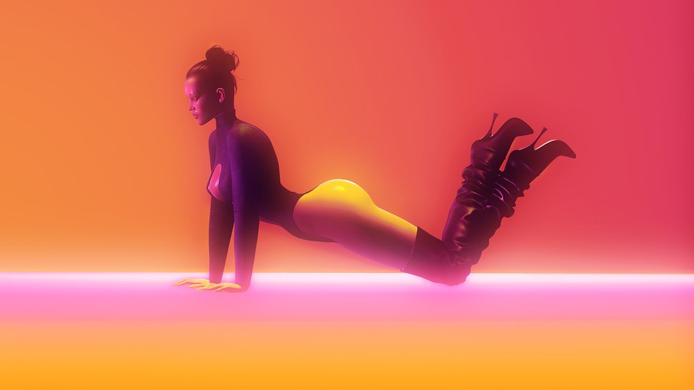 Image of a female form on hands and knees against bright sunset colours, neon pinks and yellows.