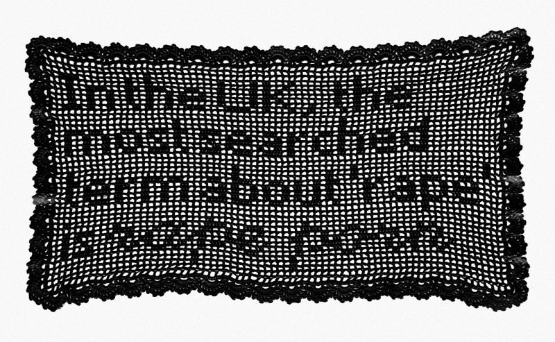 Image of crochet typography 'In the UK, the most searched term about 'rape' is 'rape porn'.