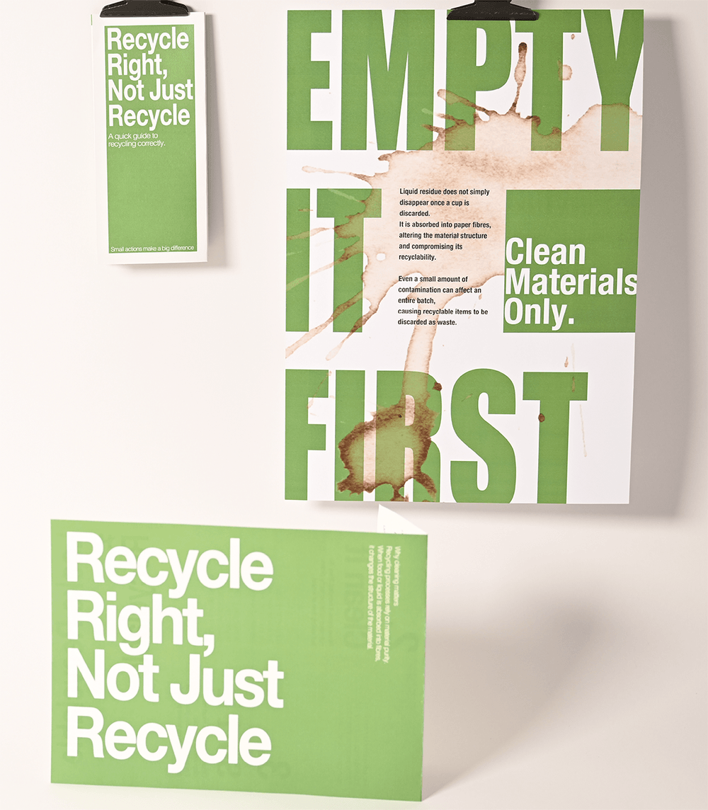 Poster and other items for Empty It First, featuring a coffee stain