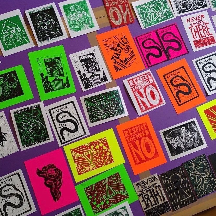 Linoprint workshop exploring accessibility at FAT Studio