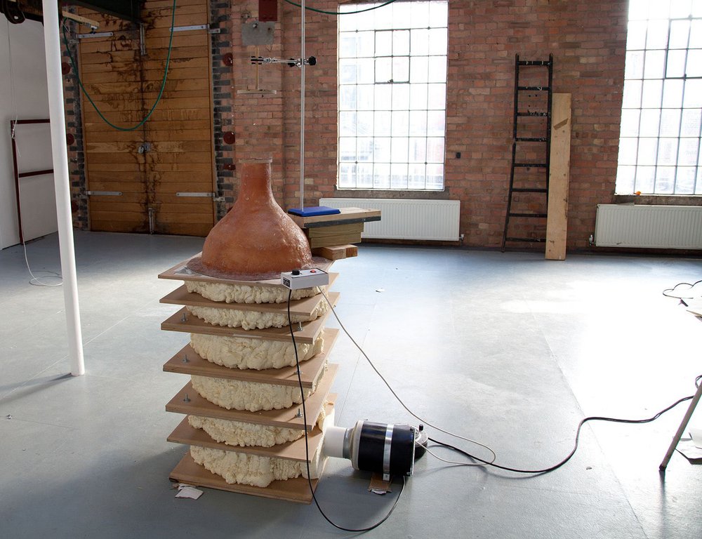 ‘Raindrop’, 2013, wood, fibreglass, aluminium honeycomb, steel mesh, fan, water. 80cm x 60cm x 200cm (w x d x h)