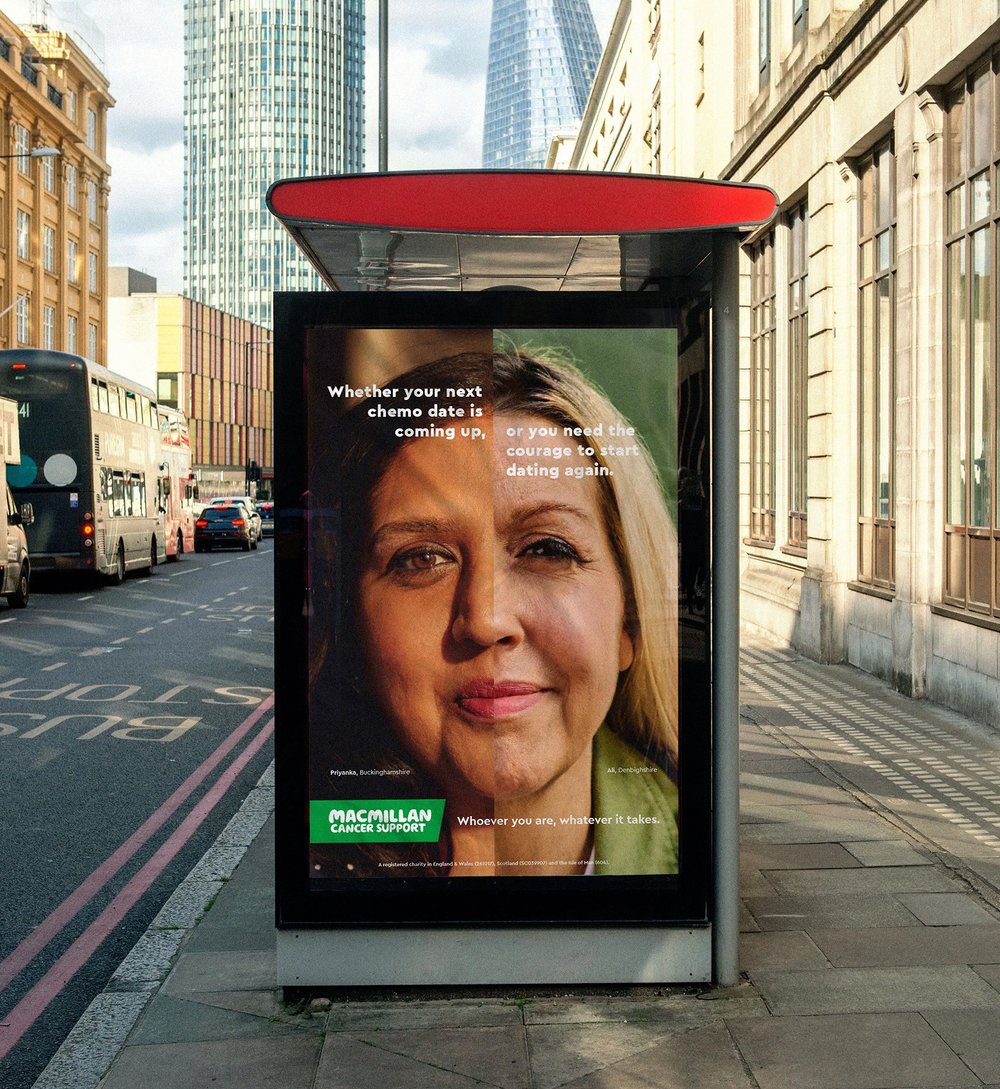 Cancer campaign poster showing 2 half faces.