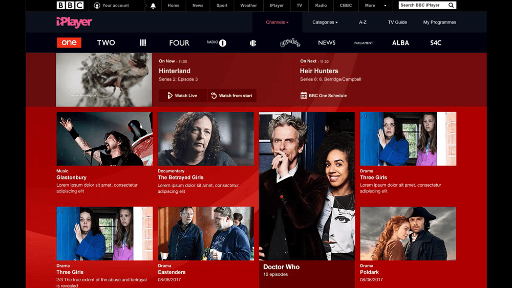 BBC iPlayer's new layout and functionality for the BBC's live channels on the web