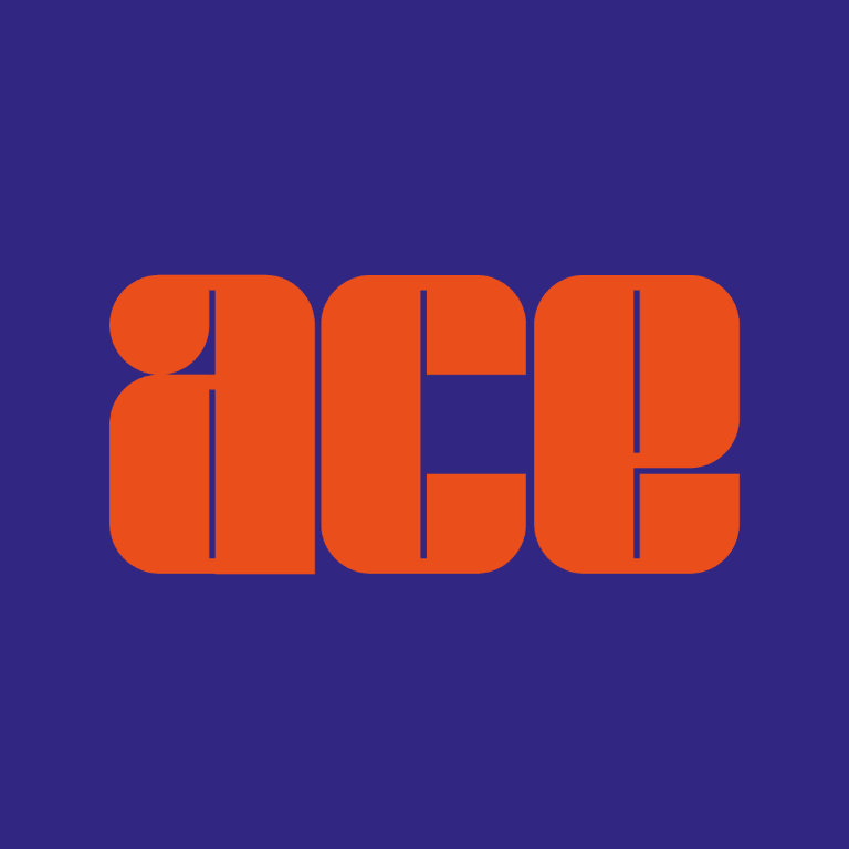 The word "ace" in lowercase orange letters against an indigo background in Matthew's first font,Class-357